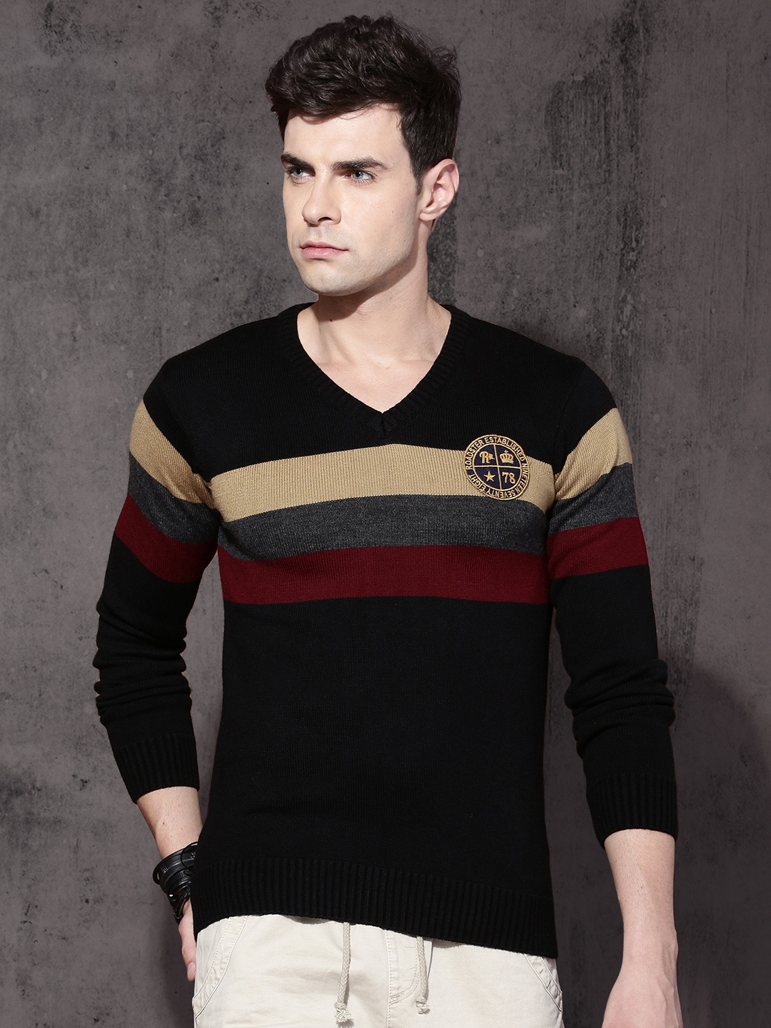 

Roadster Men Black & Red Striped Pullover