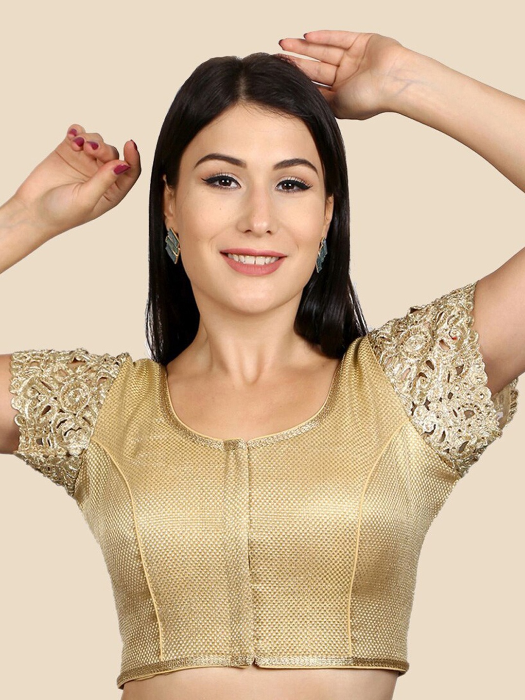 

neckbook Gold-Coloured Embroidered Padded Readymade Saree Blouse