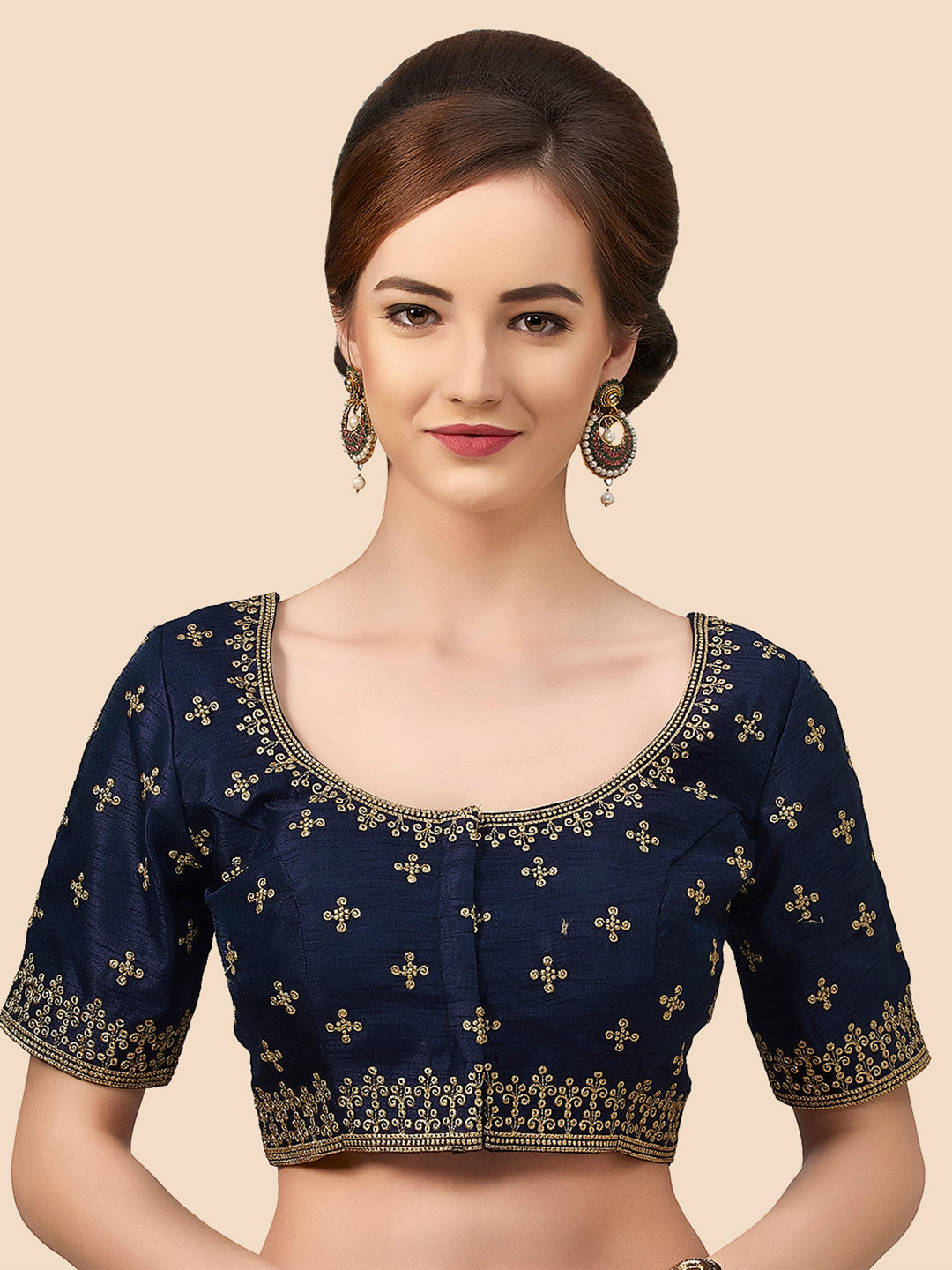 

neckbook Navy-Blue & Gold-Colored Embroidered Padded Saree Blouse