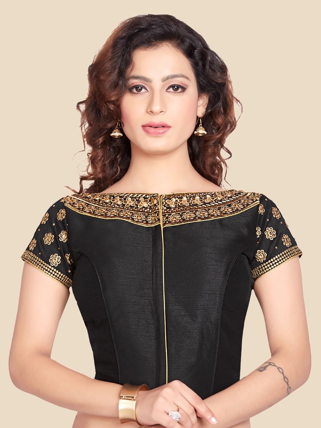 

neckbook Black & Gold-Coloured Embroidered Padded Readymade Saree Blouse