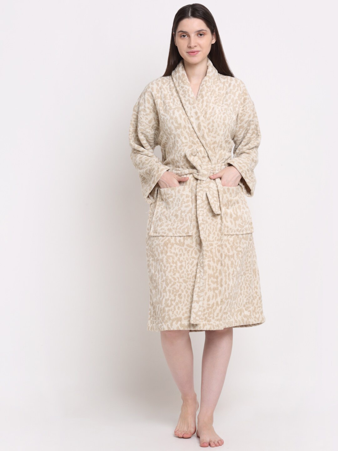 

Creeva Unisex Cream-Coloured & Brown Printed Bath Robe