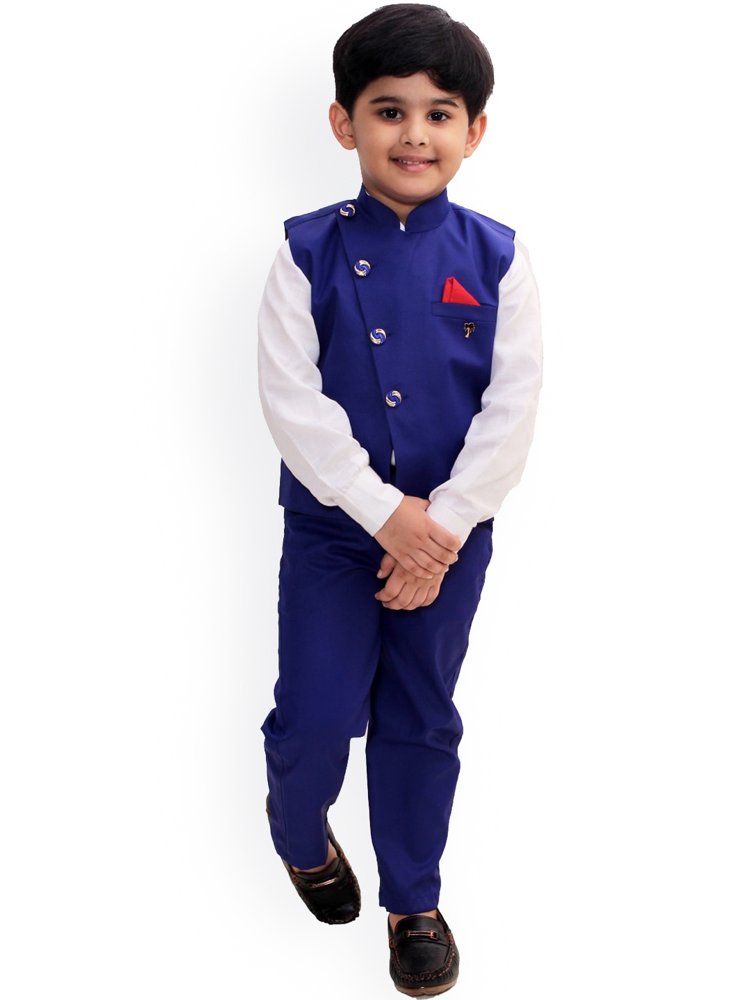 

FOURFOLDS Boys Blue & White Solid 3 Piece Suit