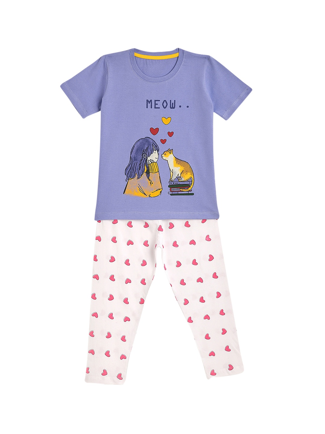 

KIDSCRAFT Girls Purple & White Printed Pure Cotton Night suit