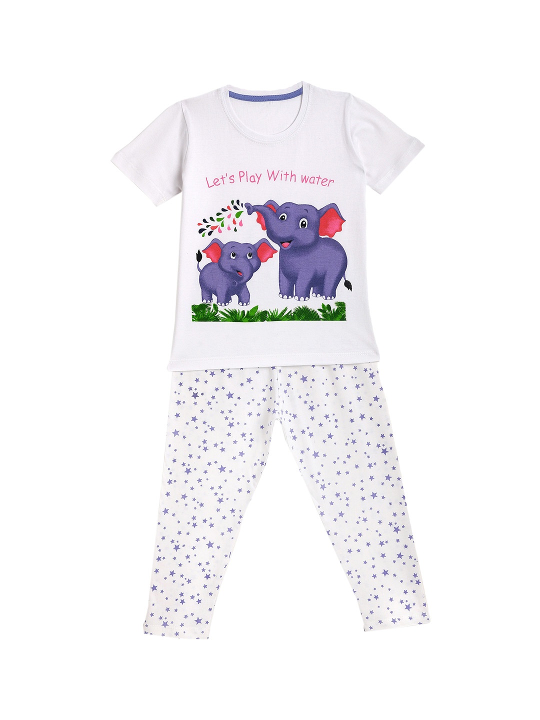 

KIDSCRAFT Girls White & Blue Graphic Printed Night Suit