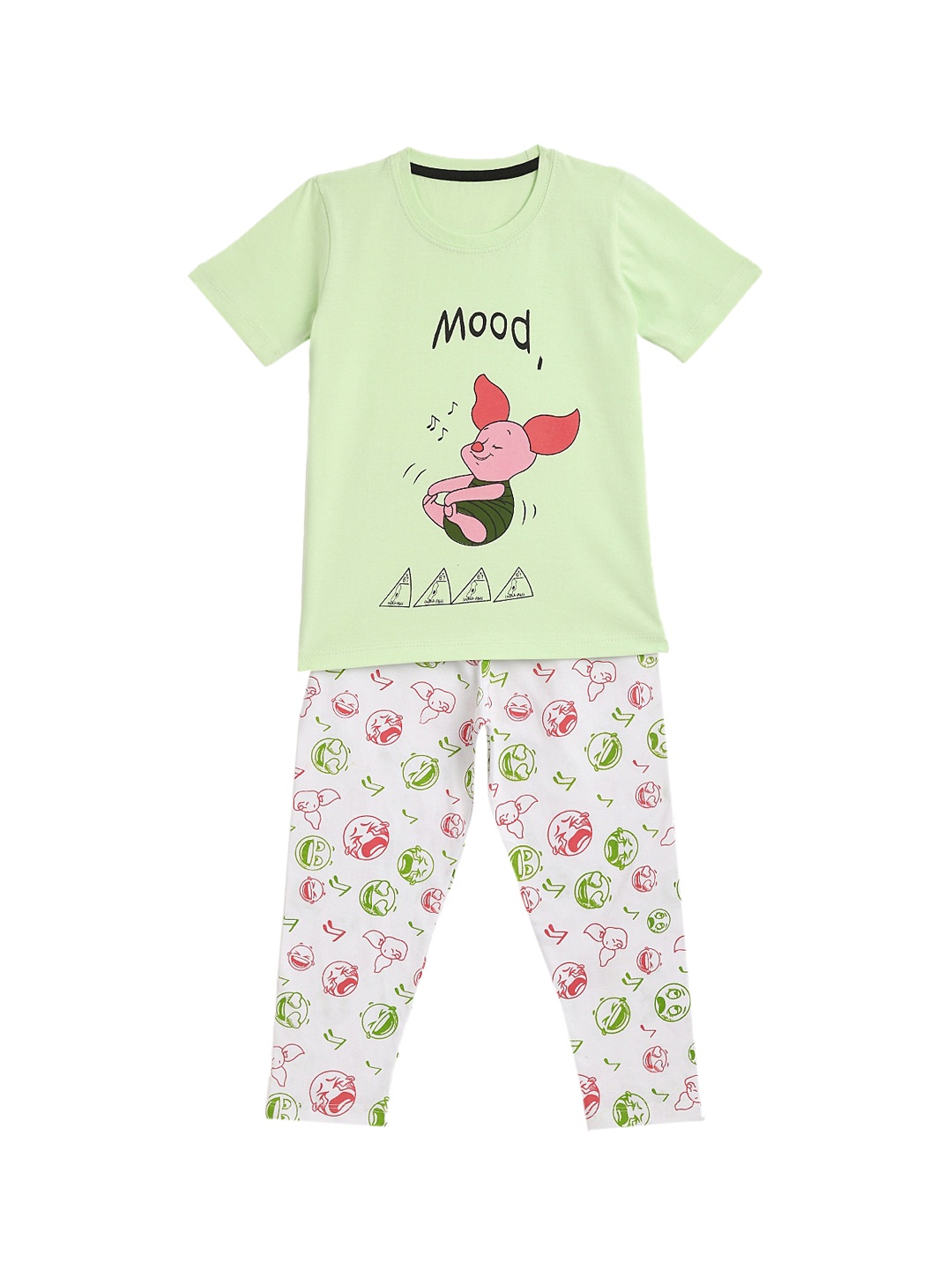 

KIDSCRAFT Girls Green & White Printed Night suit