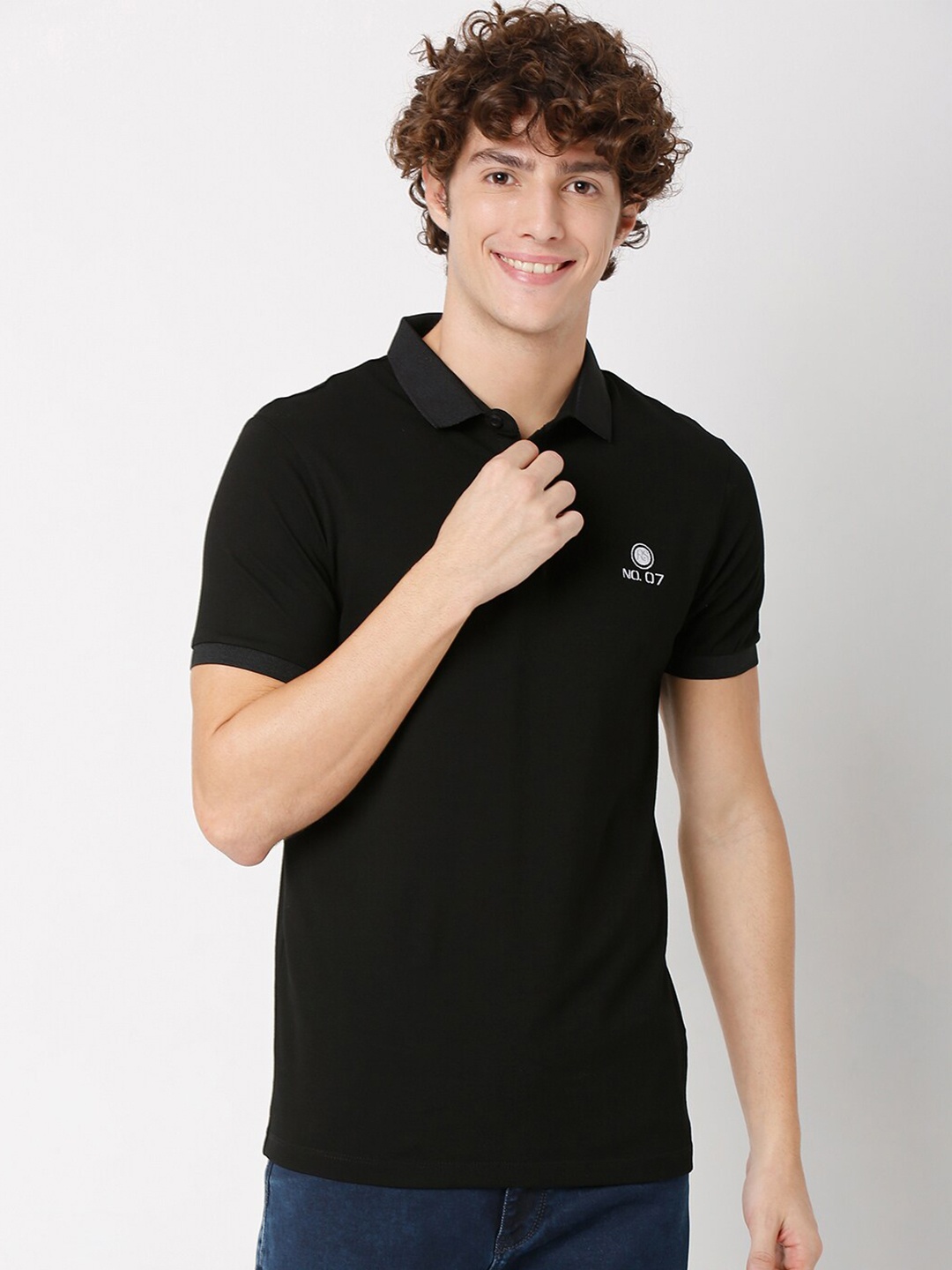 

Rex Straut Jeans Men Black Polo Collar Applique Slim Fit T-shirt