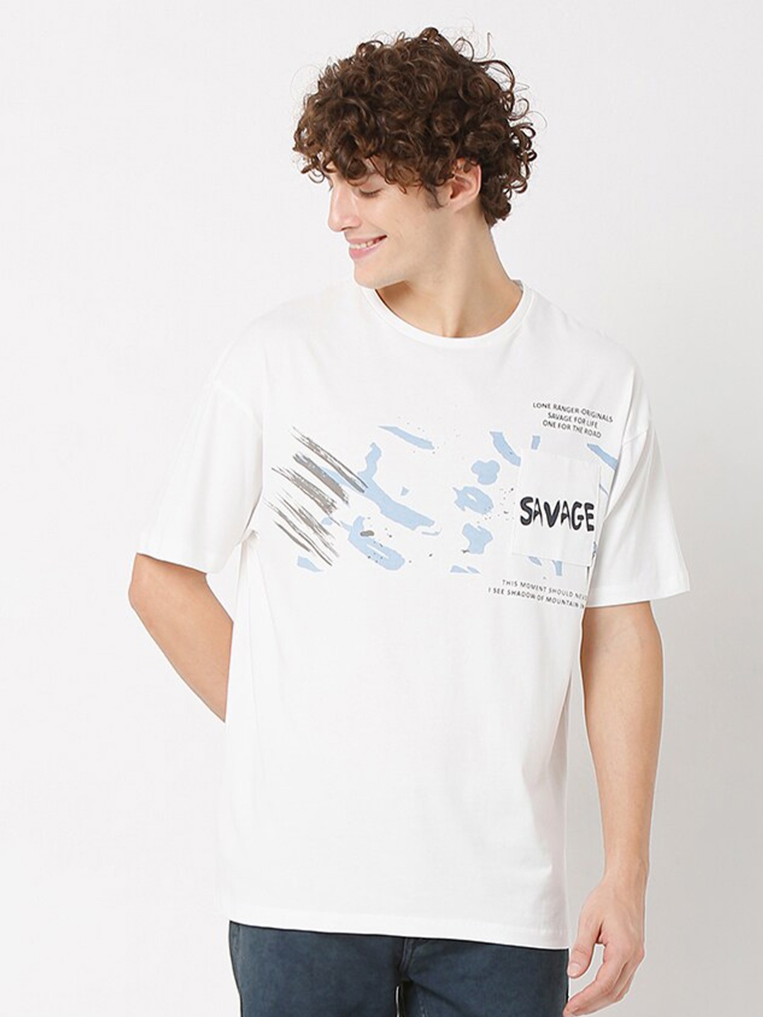 

Rex Straut Jeans Men Blue & White Typography Printed Slim Fit T-shirt