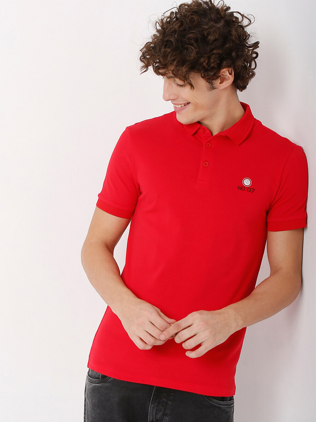 

Rex Straut Jeans Men Red Polo Collar Slim Fit T-shirt