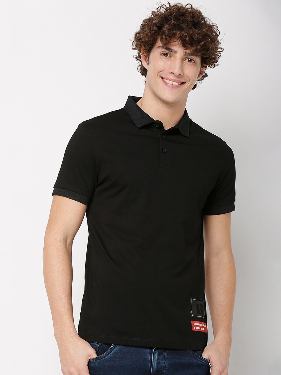 

Rex Straut Jeans Men Black Typography Printed Polo Collar Slim Fit T-shirt