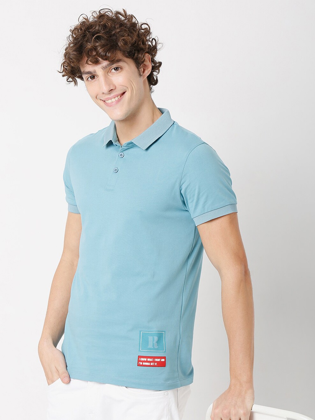 

Rex Straut Jeans Men Blue Typography Printed Polo Collar Slim Fit T-shirt