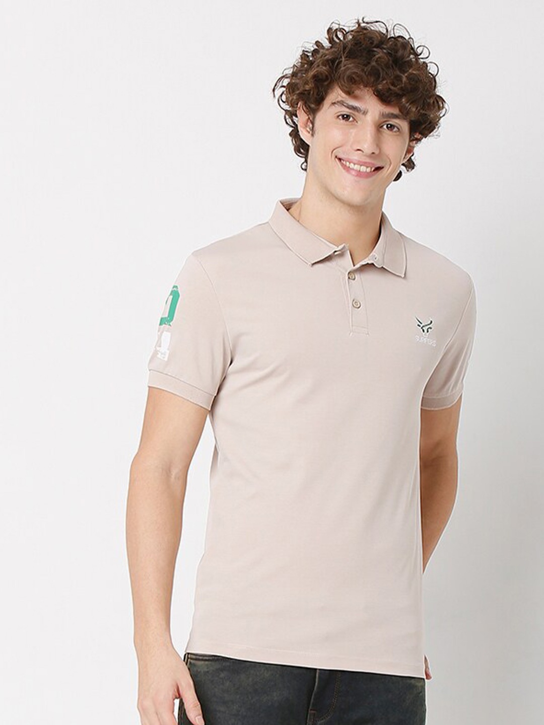 

Rex Straut Jeans Men Beige Polo Collar Slim Fit T-shirt