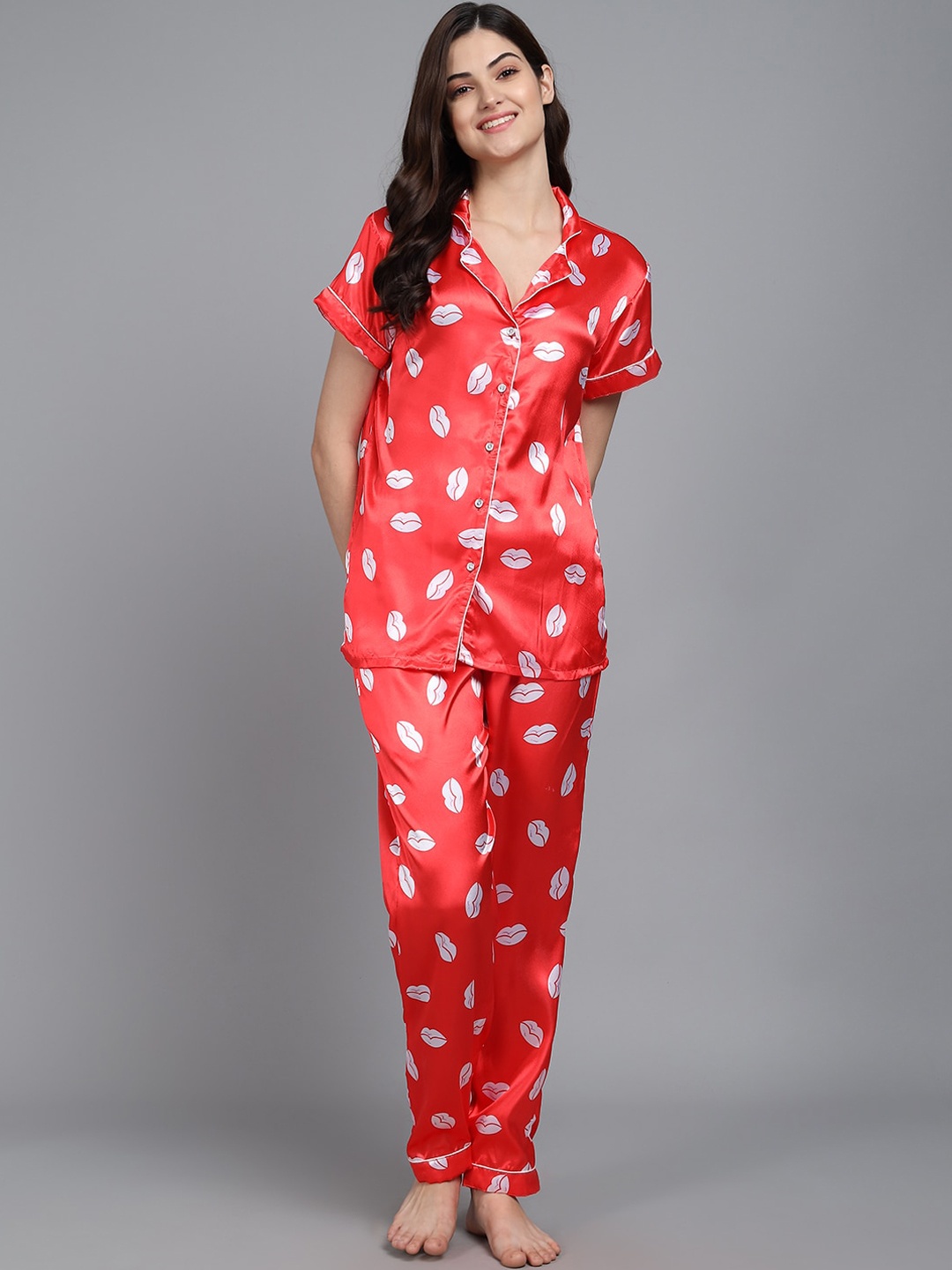 

SEPHANI Women Red & White Printed Night suit