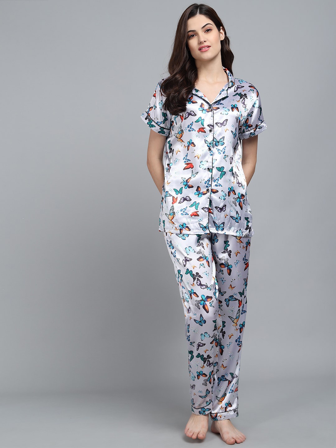 

SEPHANI Women Grey & Blue Printed Satin Night suit