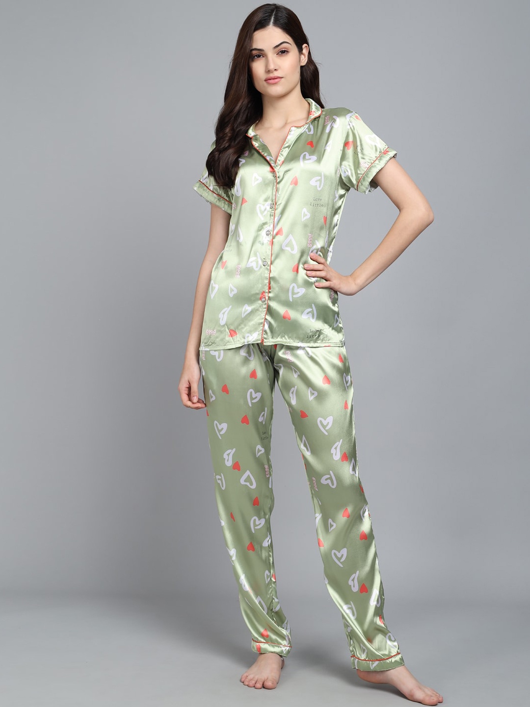 

SEPHANI Women Green & White Printed Night suit