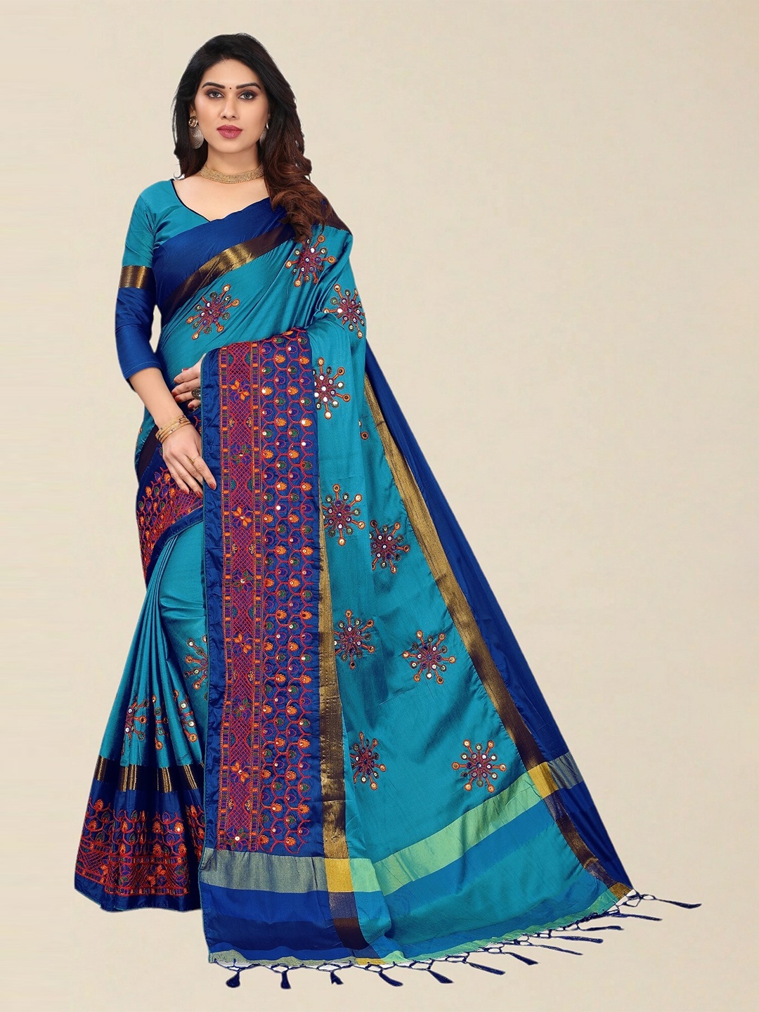 

SERONA FABRICS Turquoise Blue & Green Floral Embroidered Silk Cotton Saree