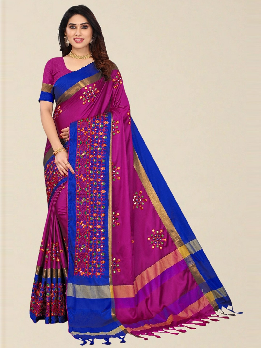 

SERONA FABRICS Pink & Blue Embellished Embroidered Silk Cotton Saree
