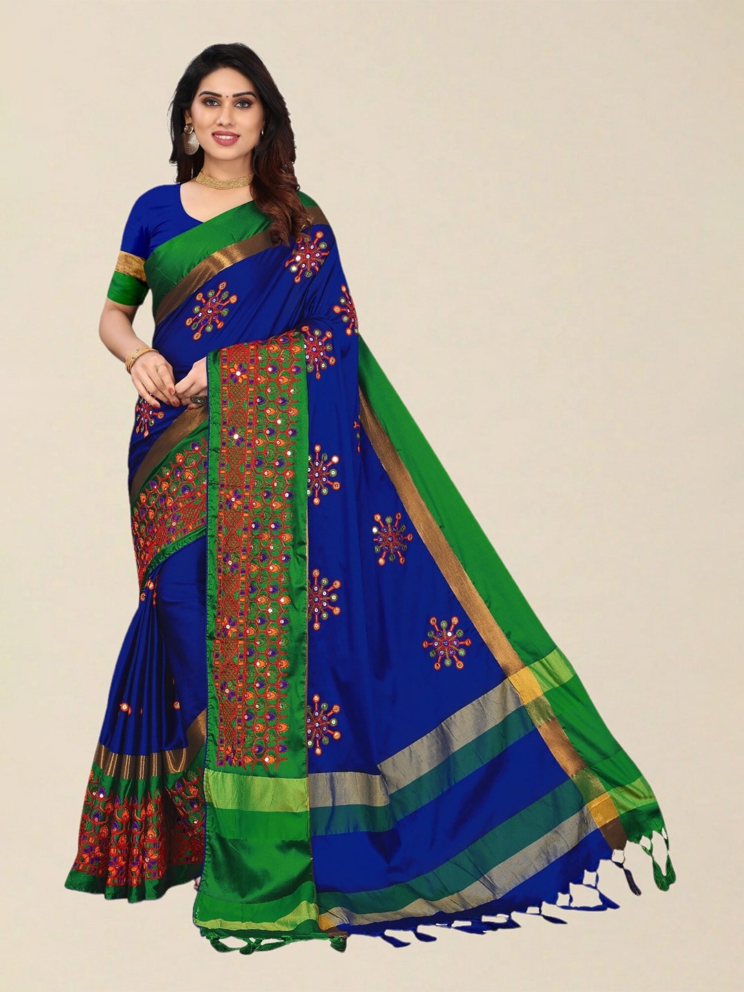 

SERONA FABRICS Blue & Green Ethnic Motifs Embroidered Silk Cotton Saree