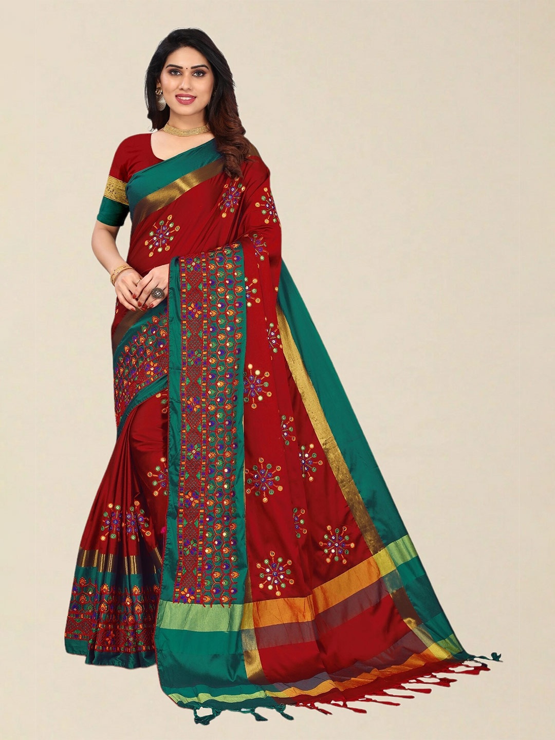 

SERONA FABRICS Red & Green Embellished Embroidered Silk Cotton Saree
