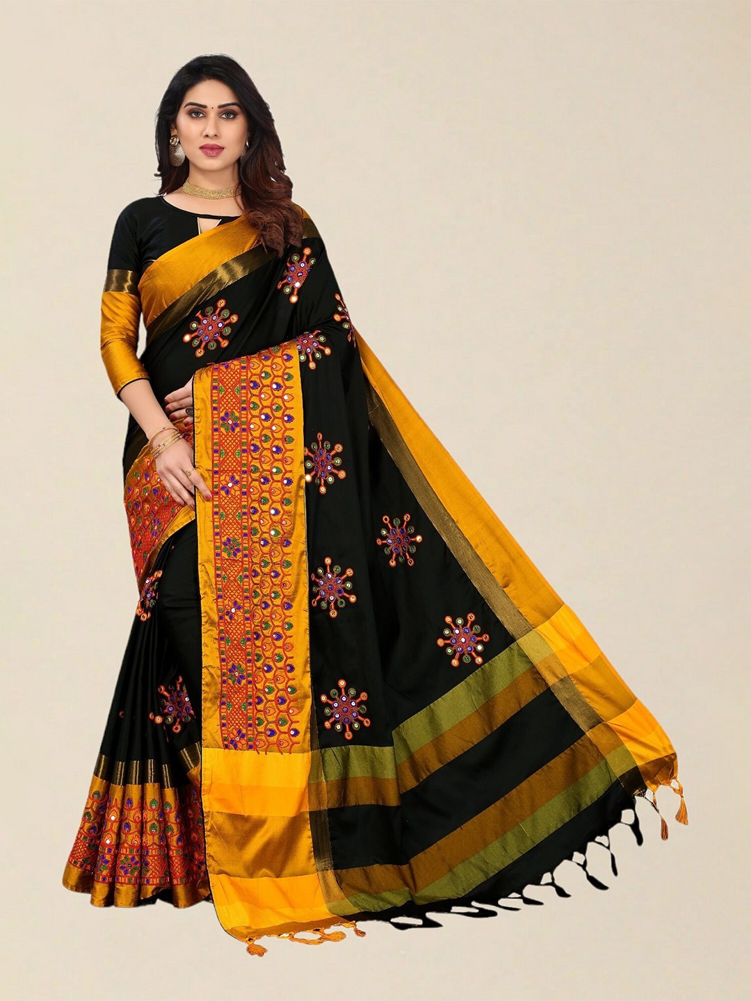 

SERONA FABRICS Black & Orange Floral Embroidered Silk Cotton Saree