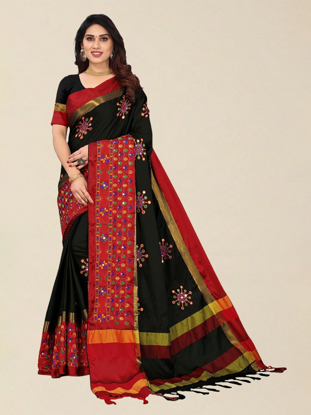 

SERONA FABRICS Black & Red Embellished Embroidered Silk Cotton Saree
