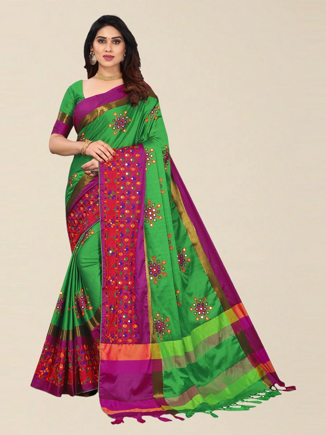 

SERONA FABRICS Green & Maroon Embellished Embroidered Silk Cotton Saree