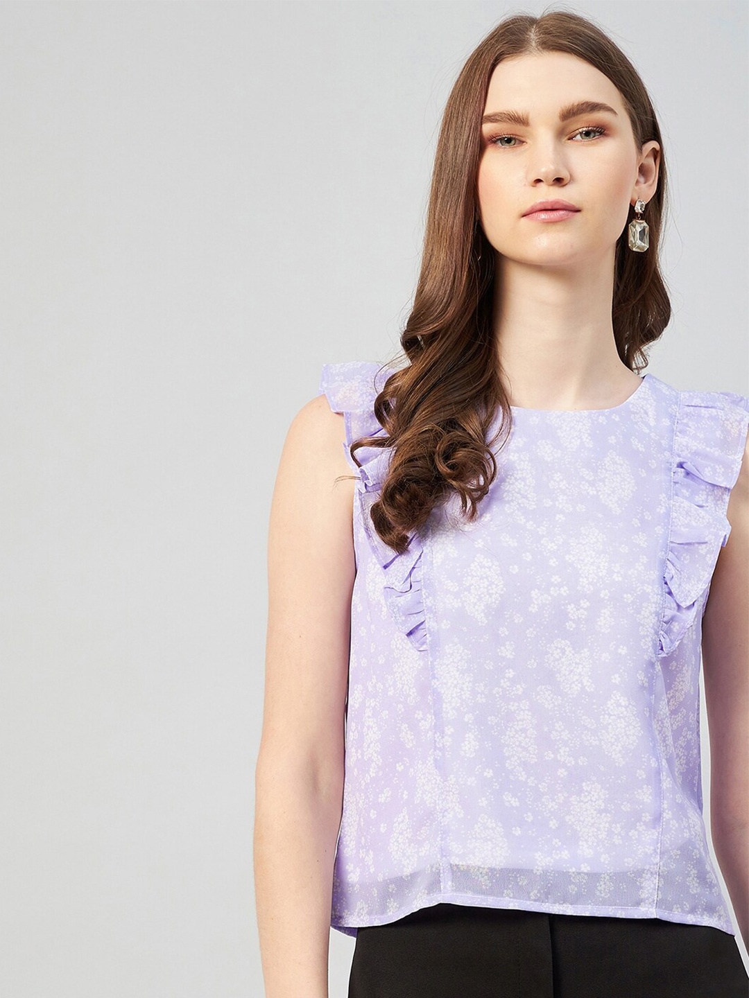 

Carlton London Lavender & White Floral Print Ruffles Georgette Top