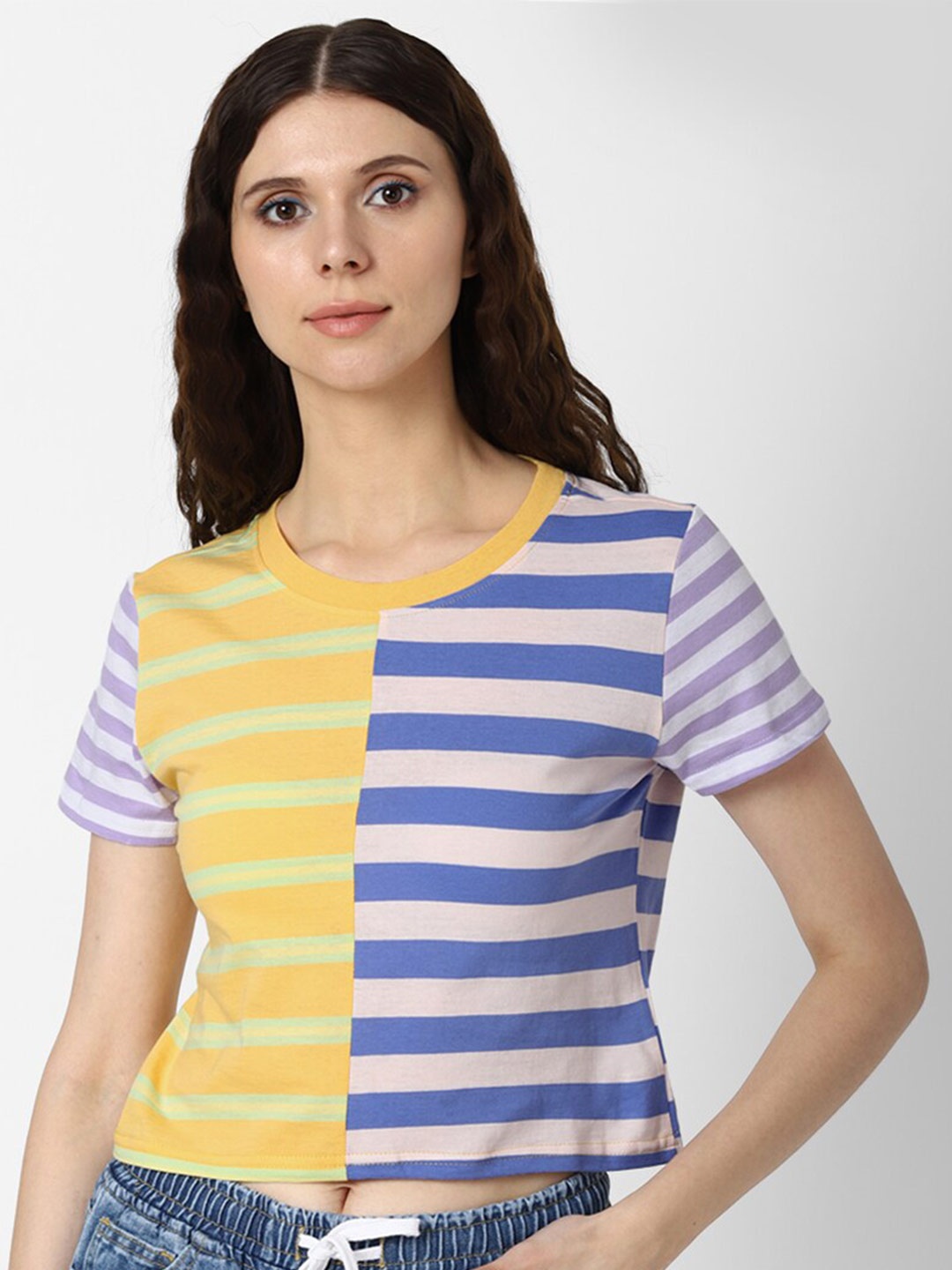 

FOREVER 21 Women Yellow & Blue ColourBlocked Horizontal Striped Crop Top