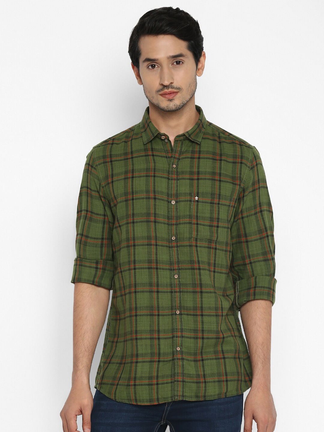 

Turtle Men Olive Green Slim Fit Checked Casual Shirt