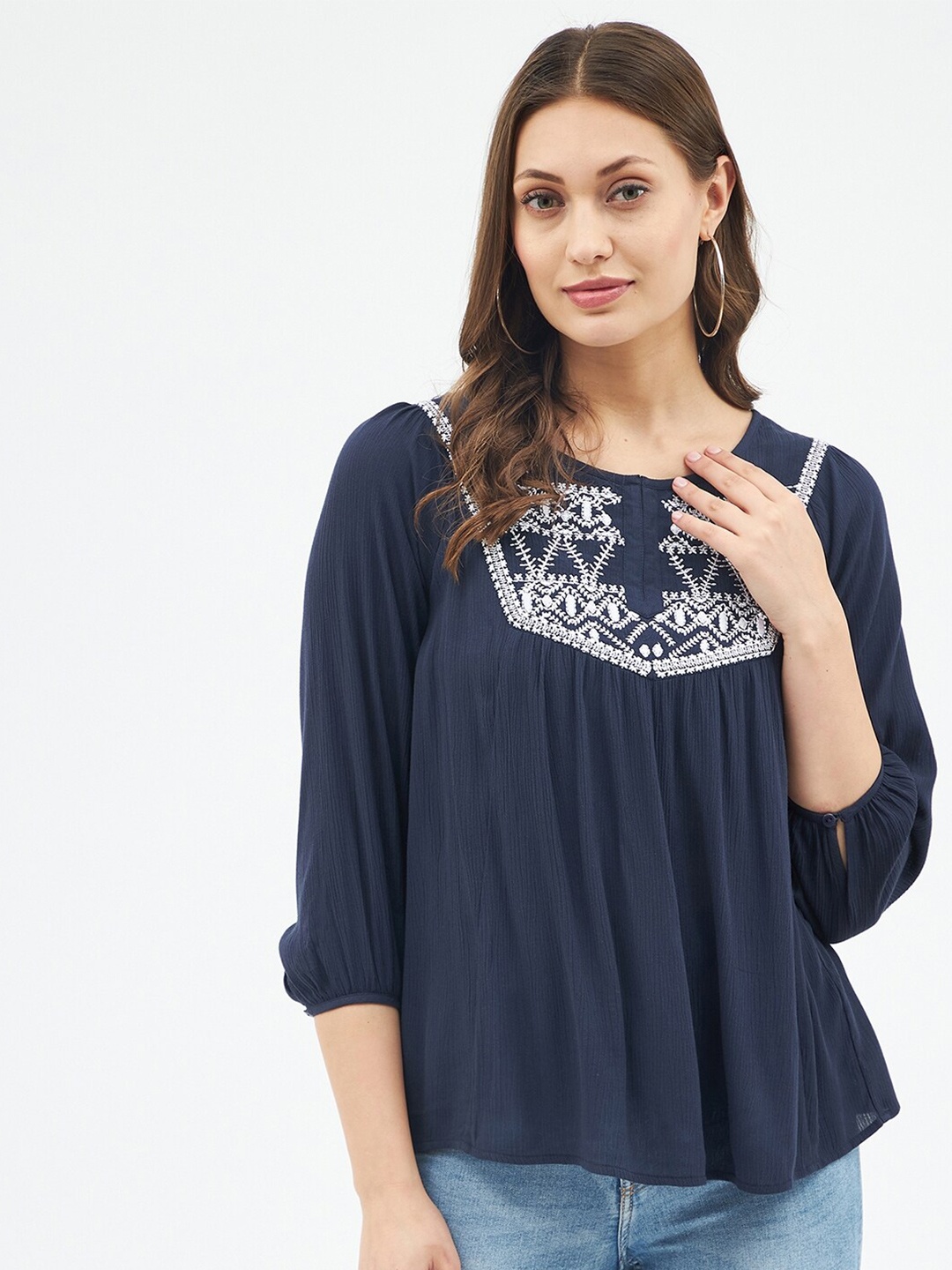 

Harpa Women Thread Work Navy Blue Embellished A Line Top