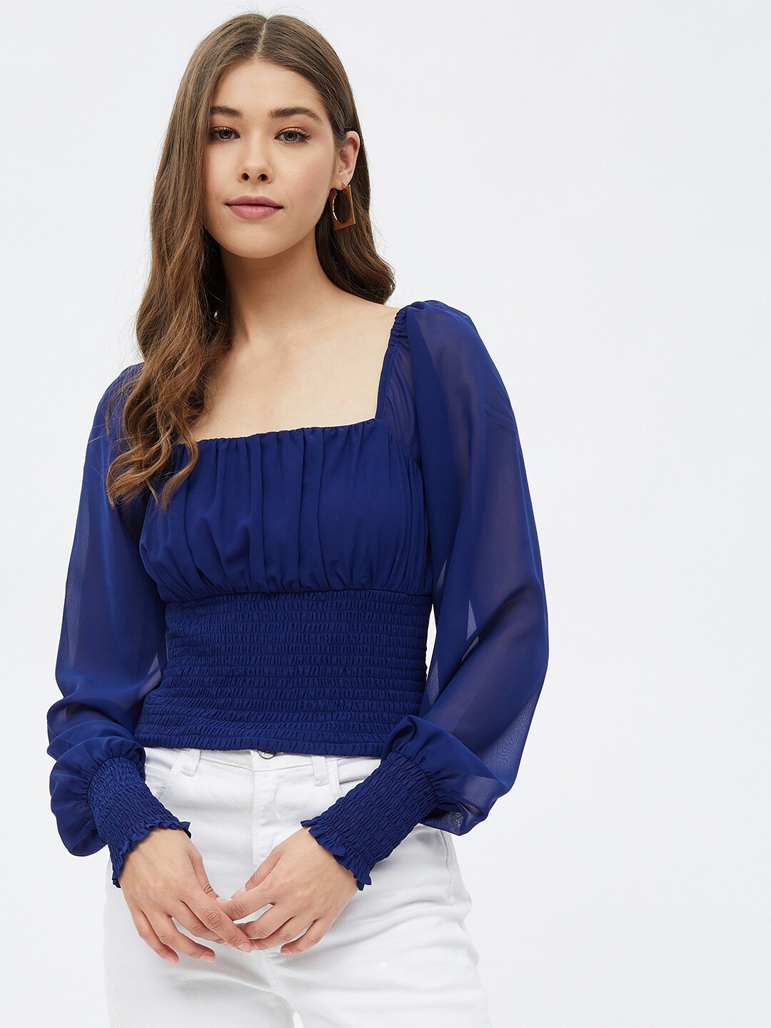 

Harpa Women Blue Smocked Georgette Crop Top