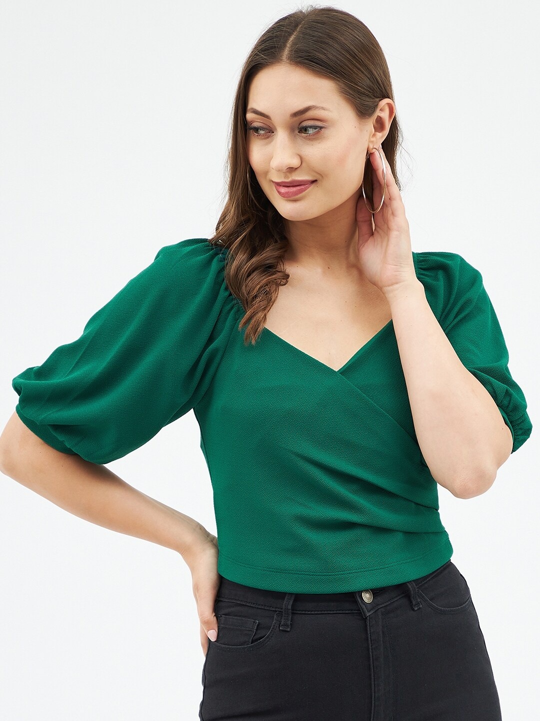 

Harpa Womens Solid Green Puff Sleeve Top