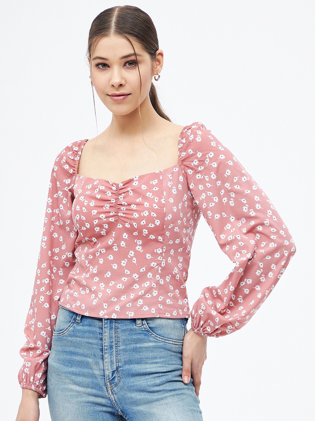 

Harpa Women Pink Smoked Floral Print Sweetheart Neck Crepe Crop Top