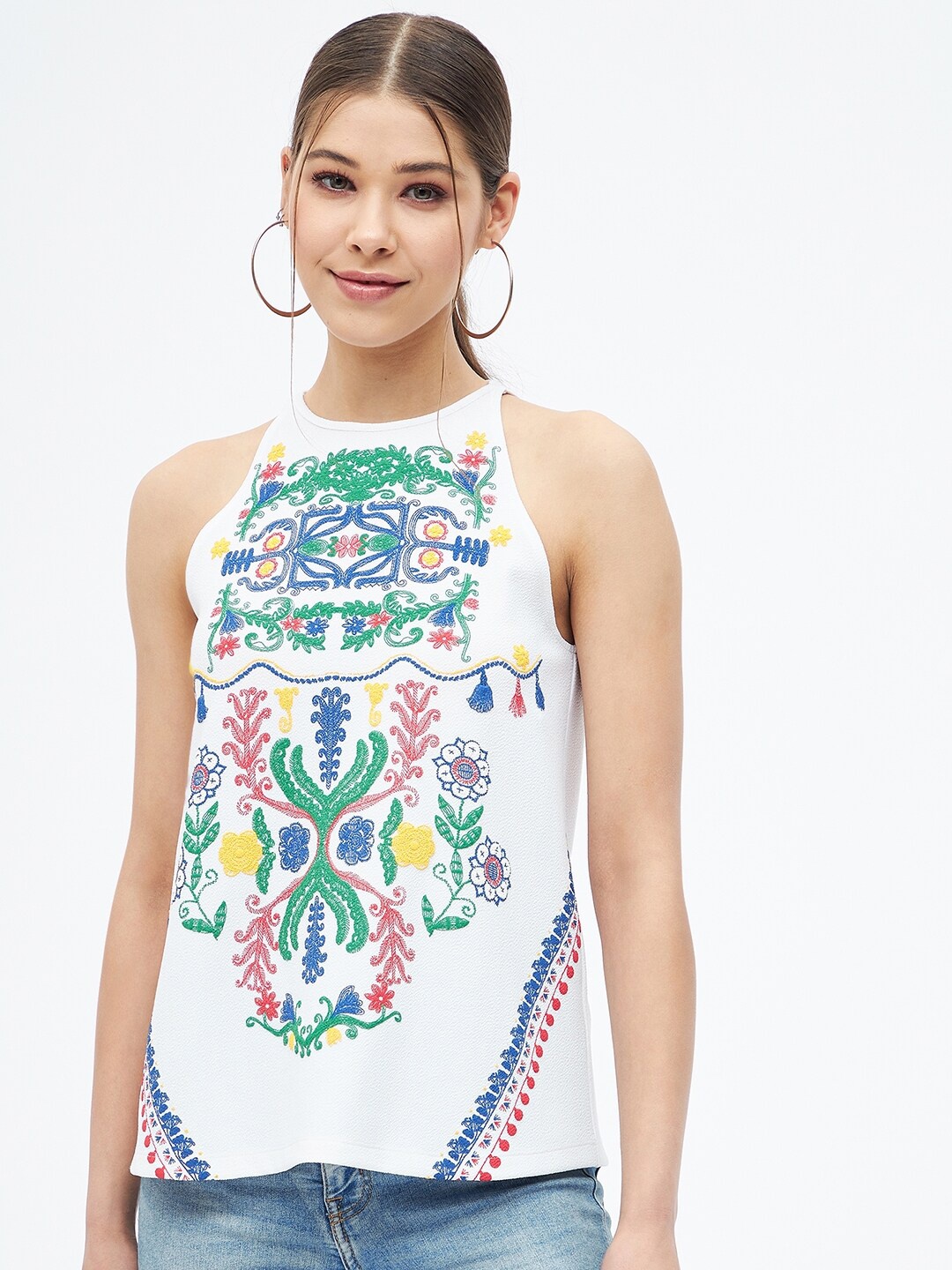 

Harpa Women White Floral Print Bohemian Top