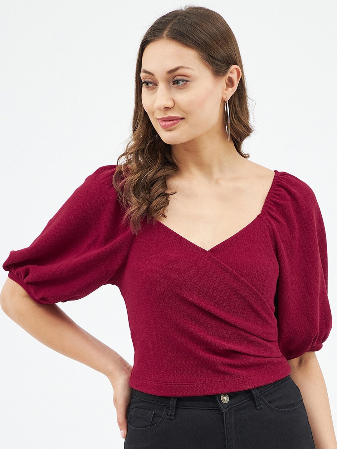 

Harpa Women Maroon Sweetheart Neck Crop Top