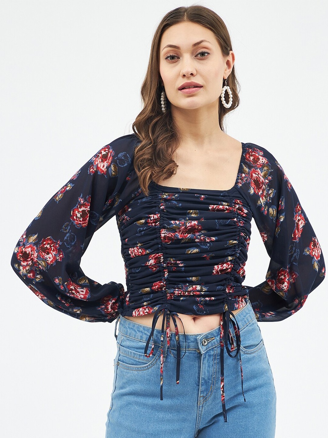 

Harpa Navy Blue Floral Print Georgette Cinched Waist Crop Top