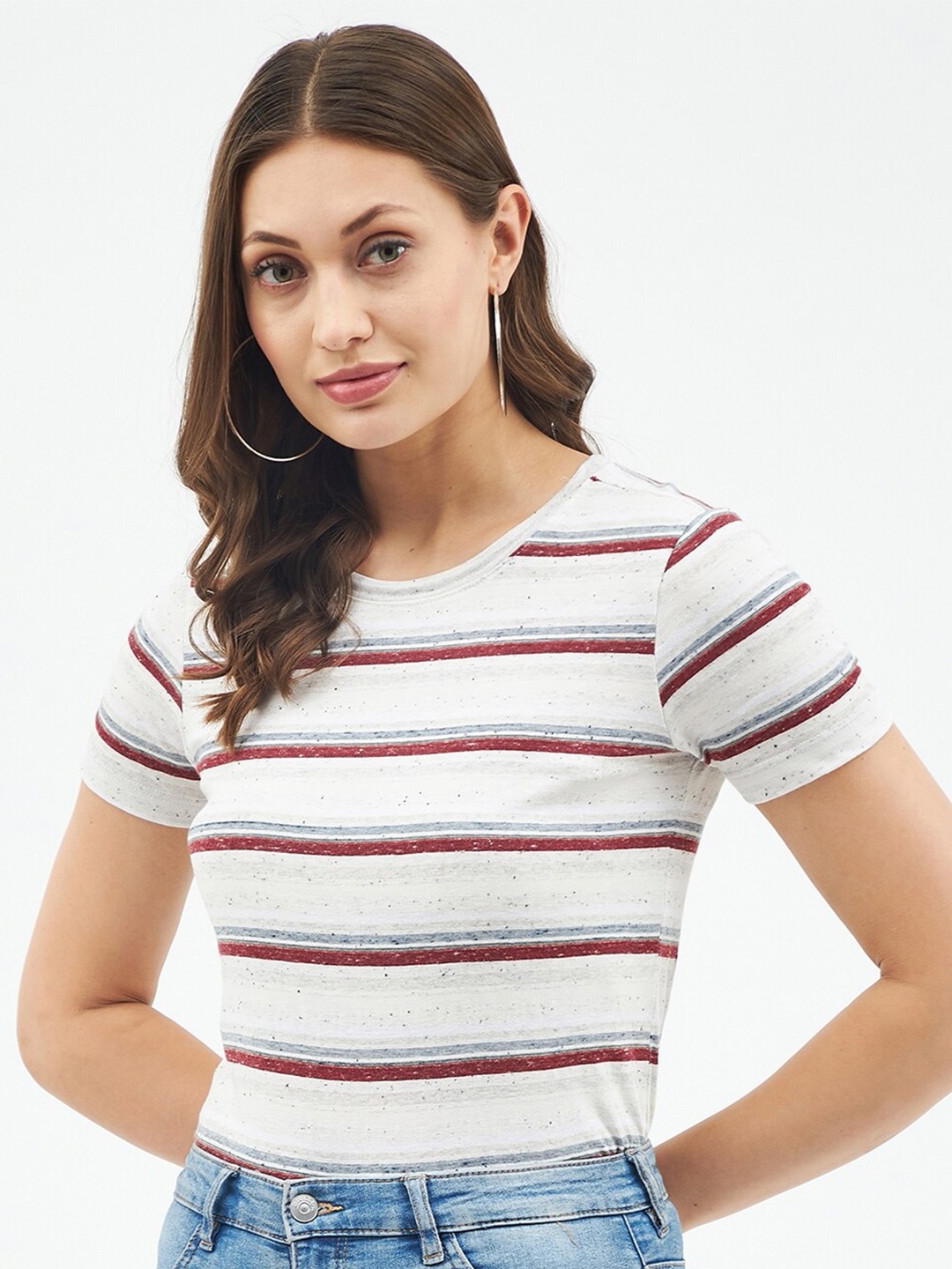 

Harpa Women Cream-Coloured & Red Striped Pure Cotton T-shirt