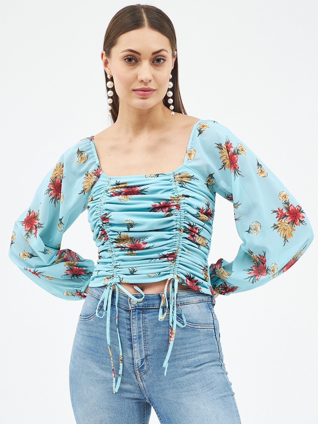 

Harpa Women Blue Floral Print Smocked Georgette Cinched Waist Crop Top