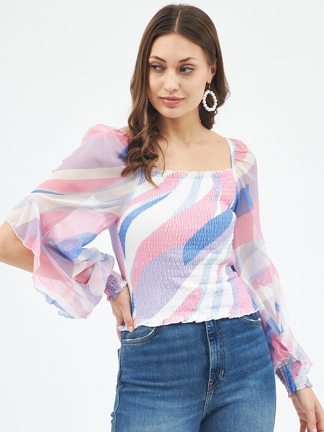 

Harpa Women Purple & White Print Smocked Chiffon Crop Top
