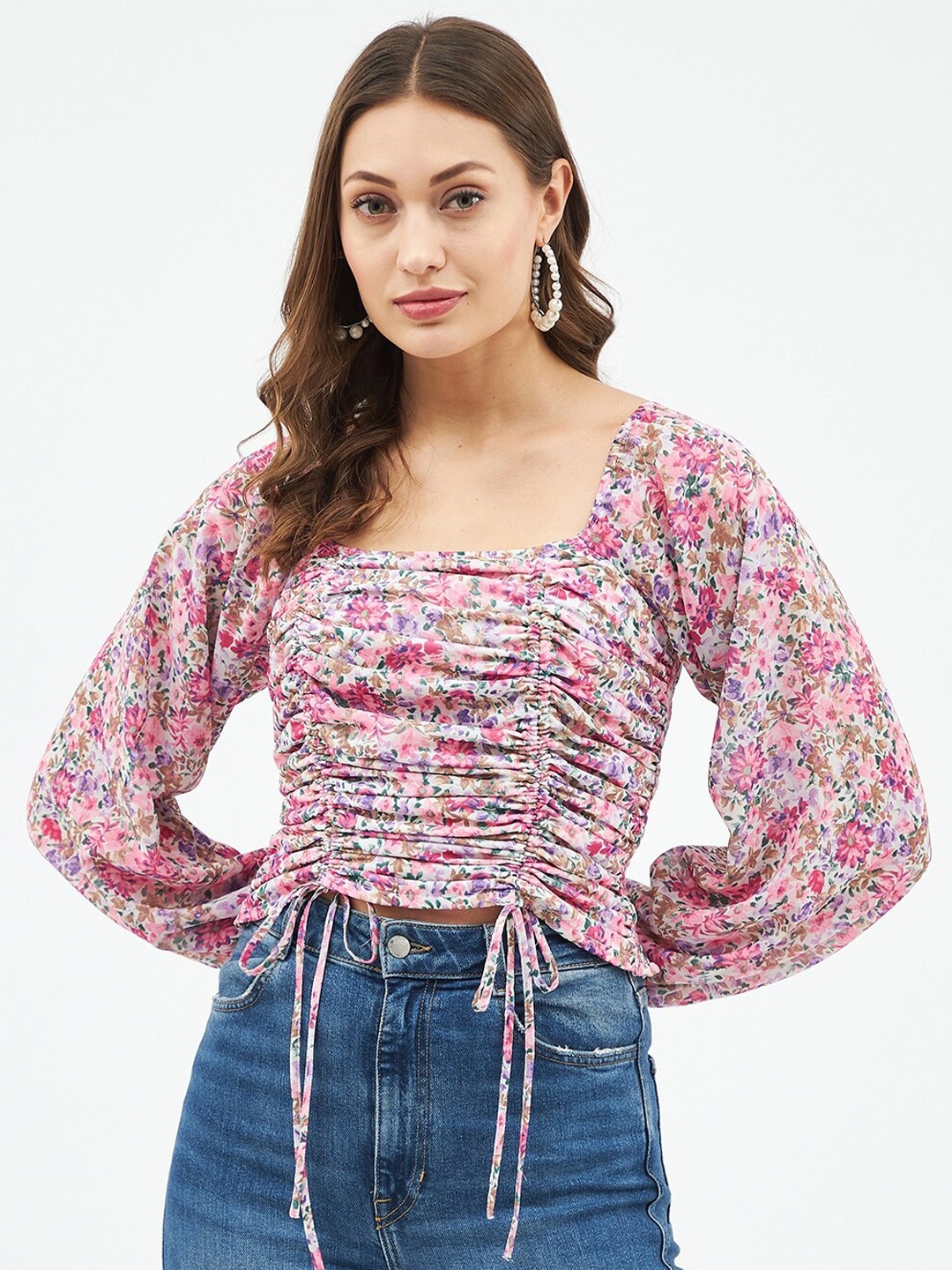 

Harpa Women Beige & Pink Floral Print Ruched Georgette Cinched Waist Crop Top