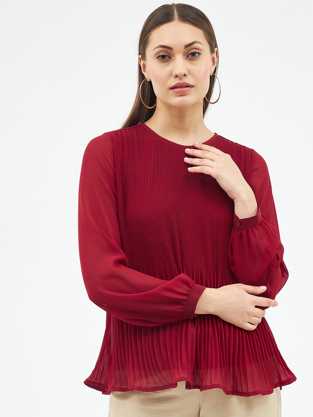 

Harpa Women Maroon Accordion Pleated Georgette Top