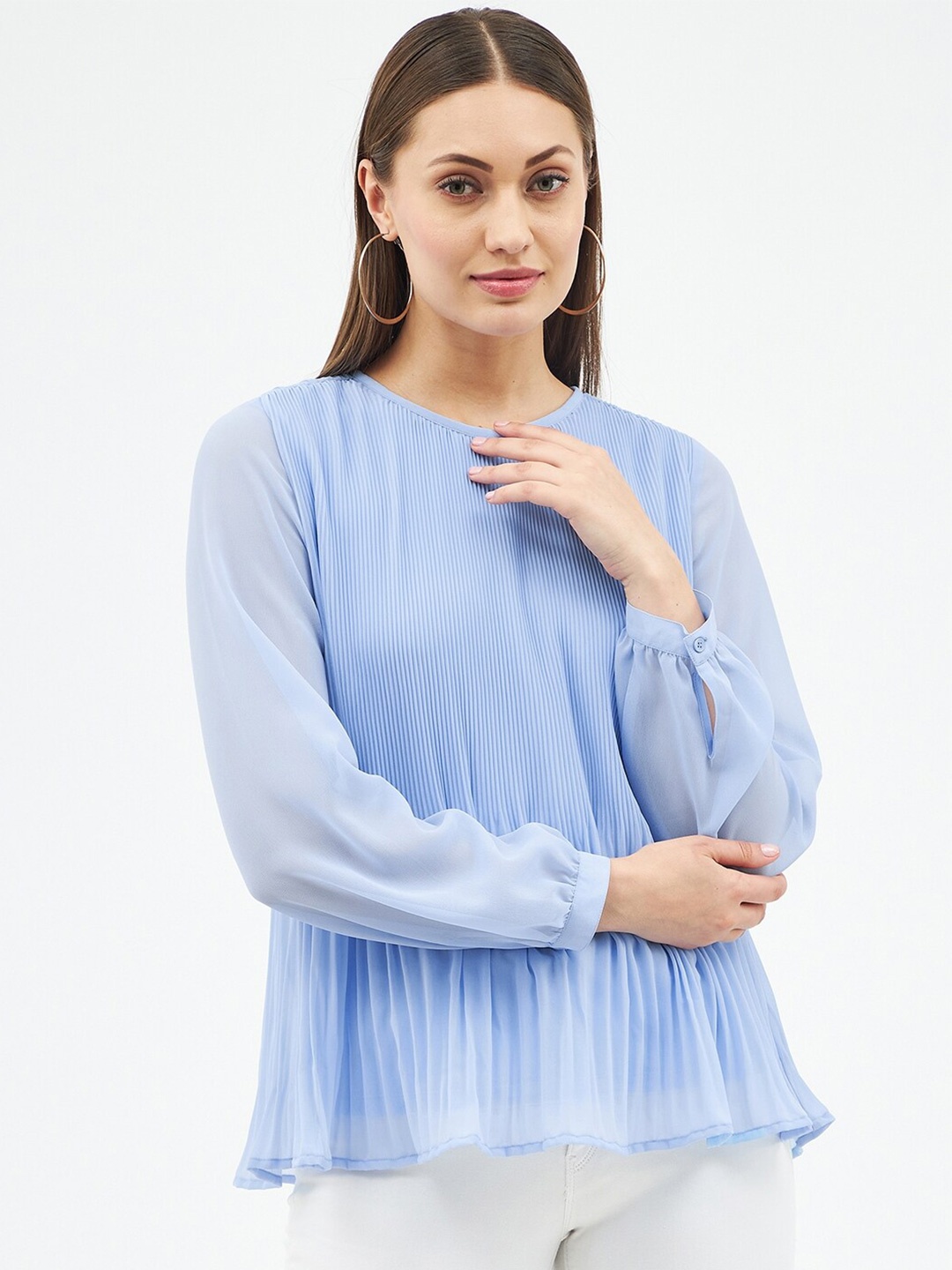 

Harpa Women Blue Accordion Pleated Georgette Top