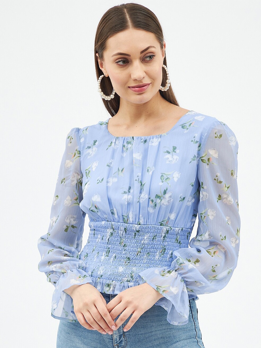 

Harpa Women Blue Floral Print Smocked Chiffon Cinched Waist Crop Top
