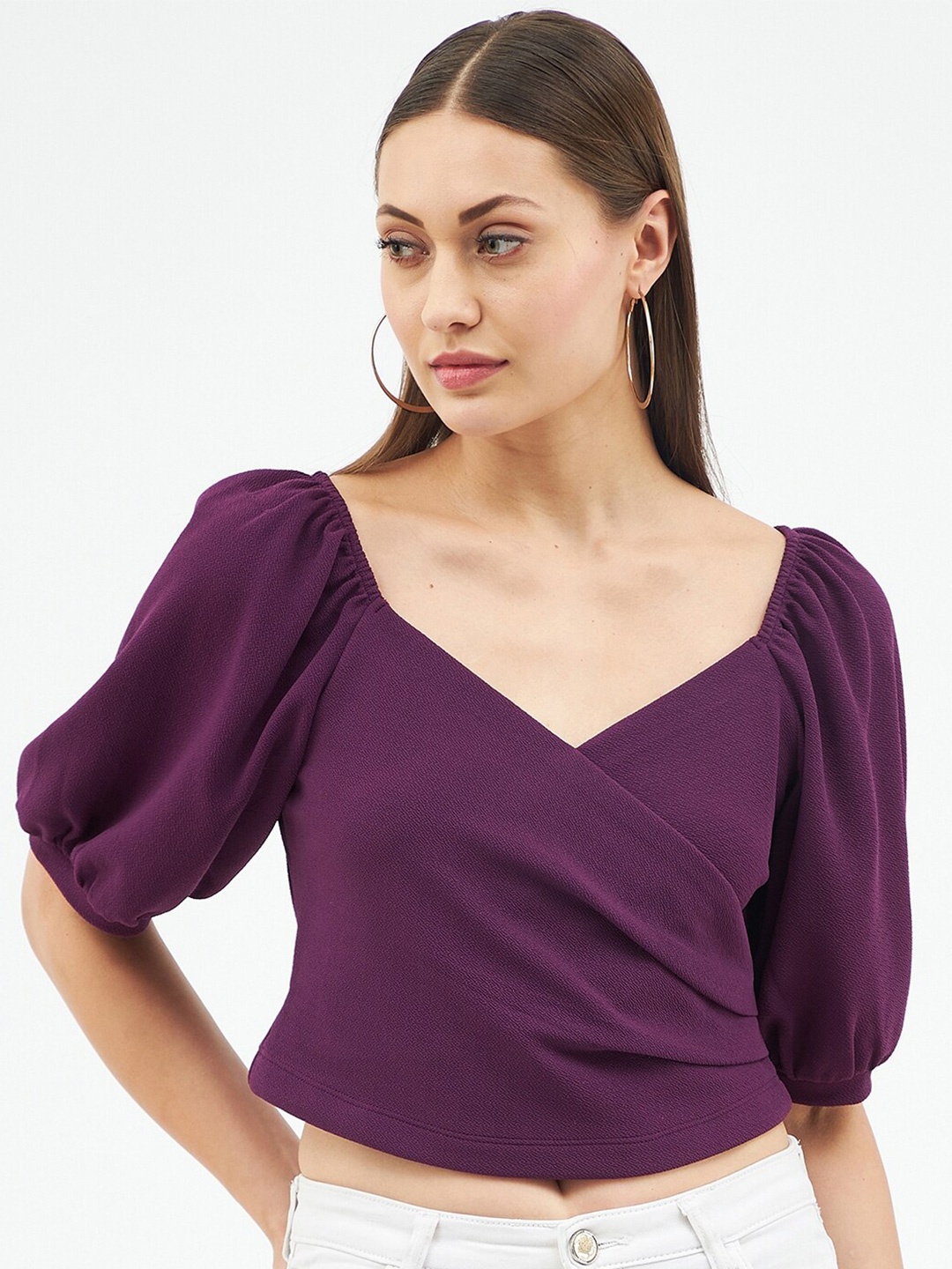 

Harpa Women Purple Sweetheart Neck Wrap Crop Top