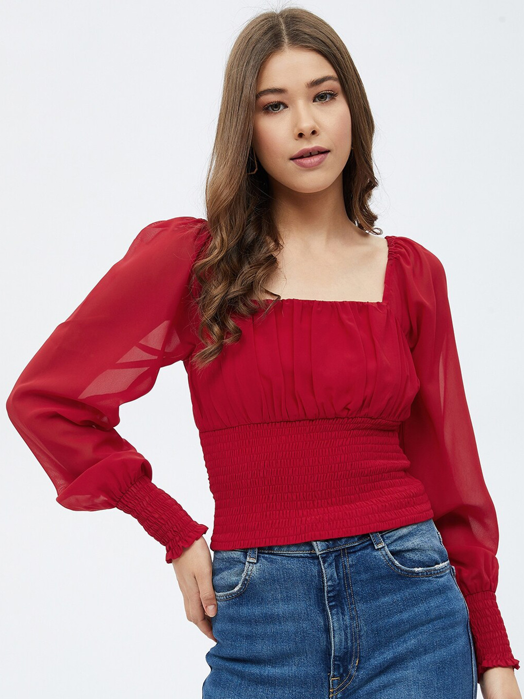 

Harpa Women Red Cinched Waist Smocked Georgette Crop Top