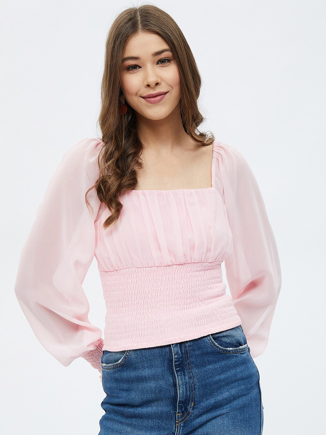 

Harpa Women Rose Smocked Georgette Cinched Waist Crop Top