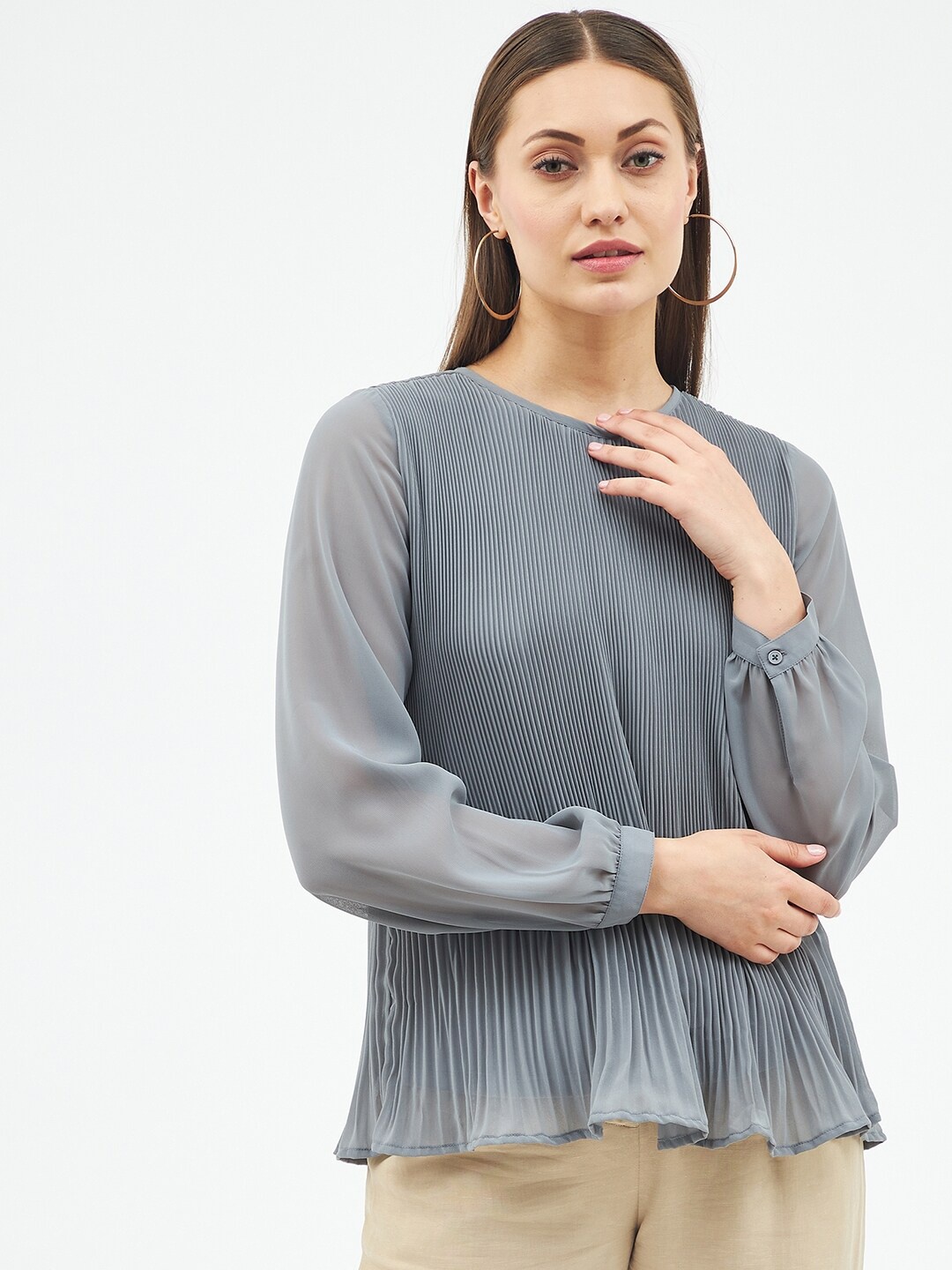 

Harpa Women Accordion Pleats Grey Georgette Top