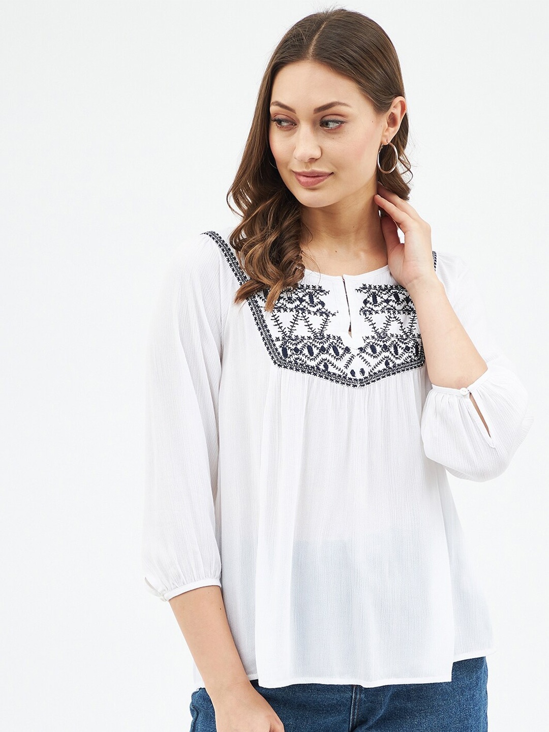 

Harpa Women White & Navy Blue Embroidered Top