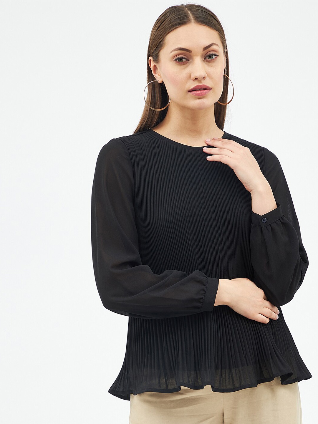 

Harpa Women Black Accordion Pleated Georgette Top