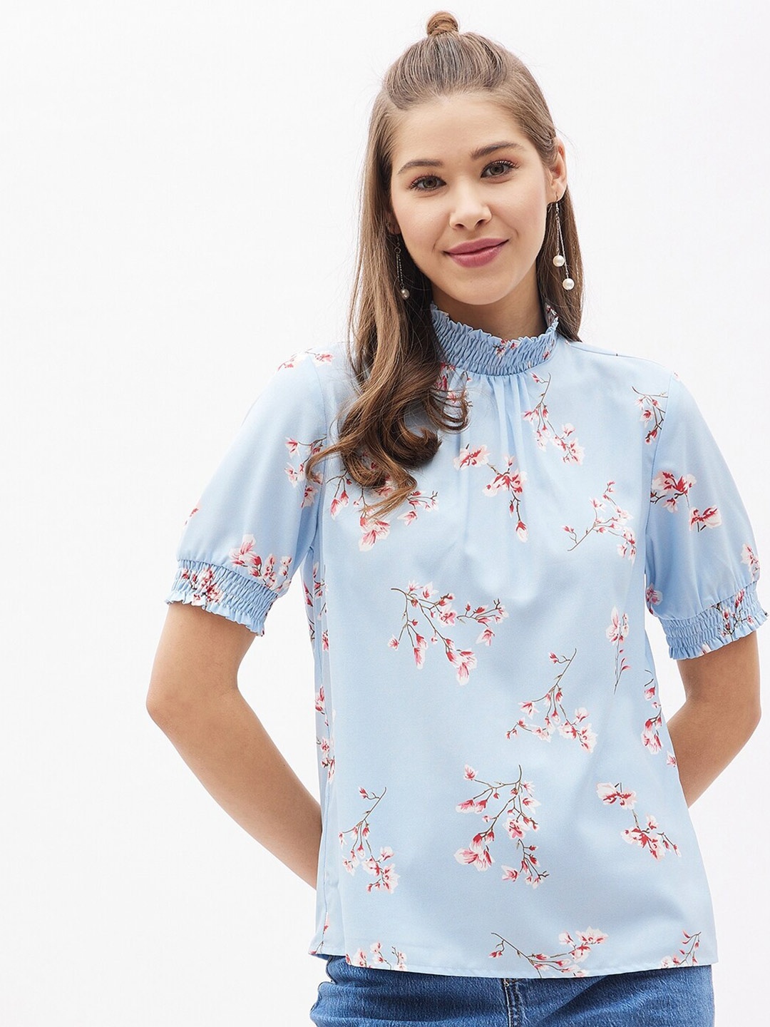 

Harpa Women Blue & Red High Neck Floral Print Top