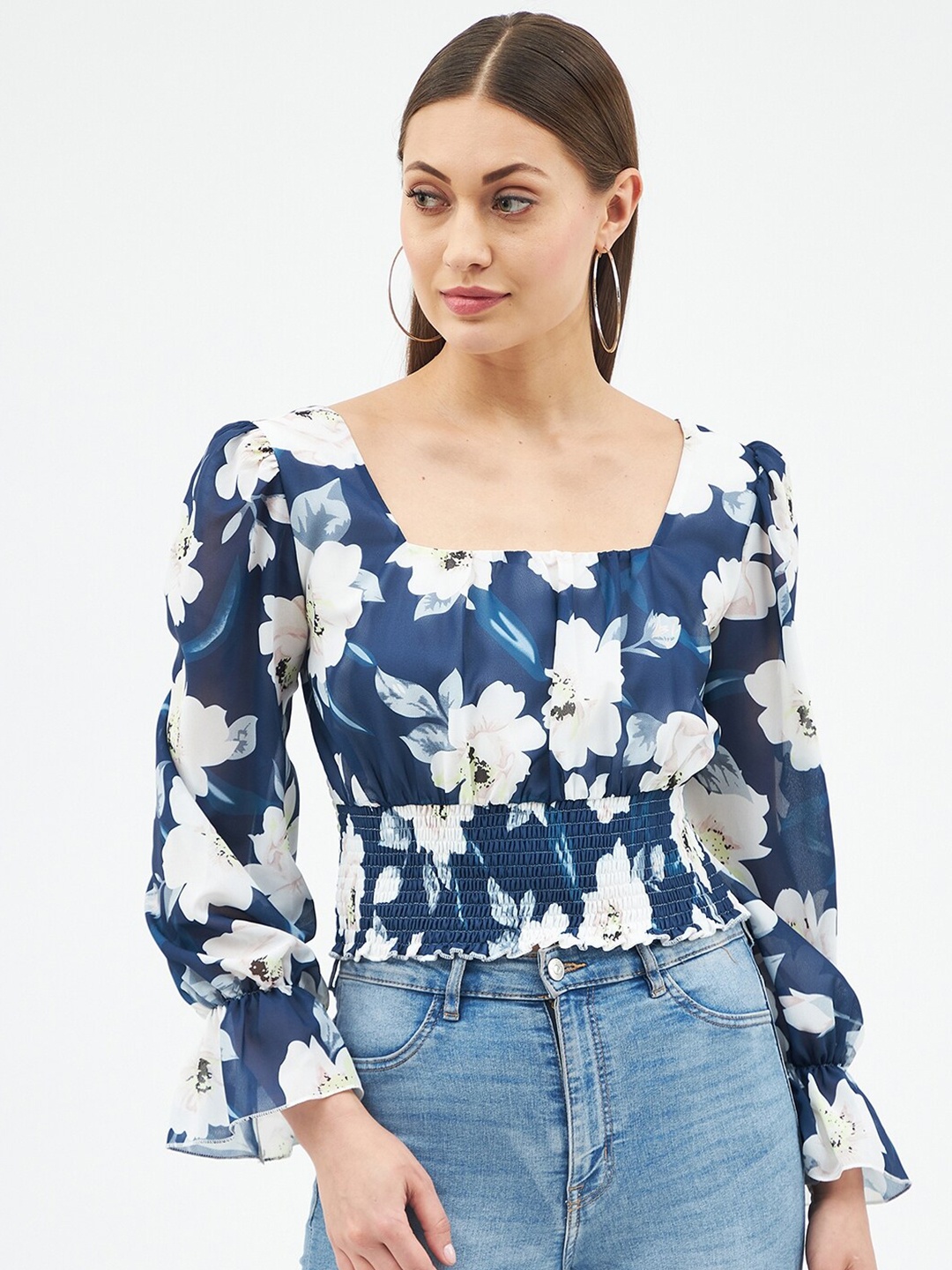 

Harpa Women Navy Blue Floral Print Georgette Cinched Waist Smocked Crop Top